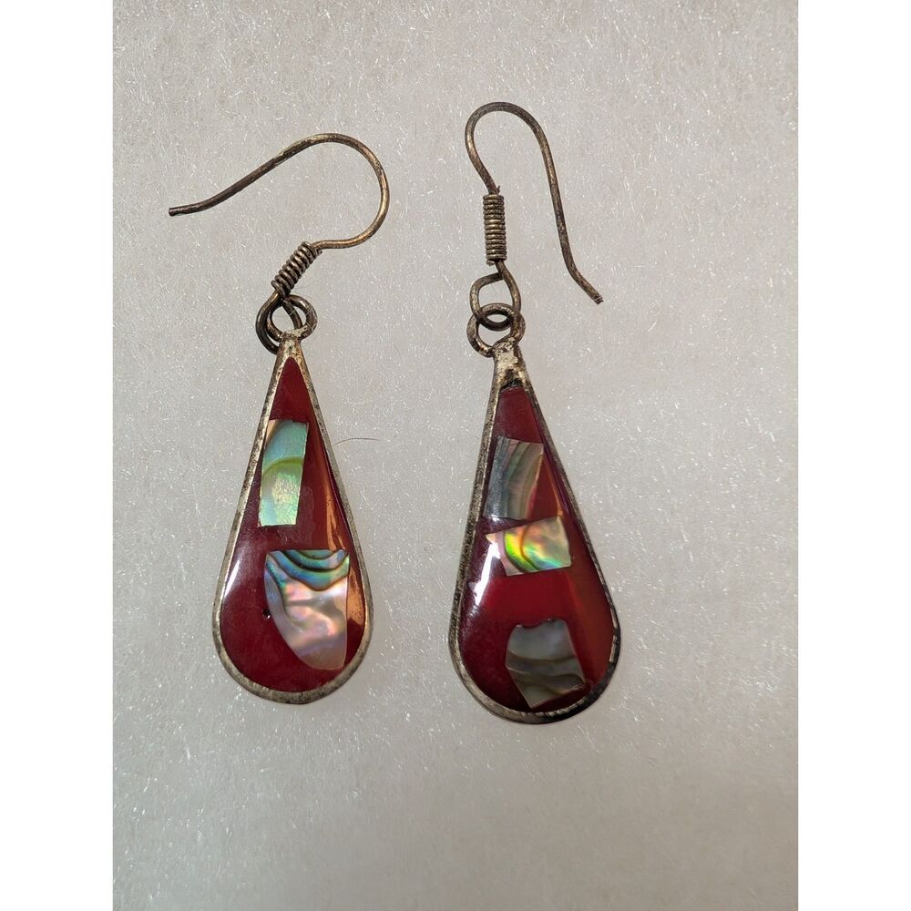 Vintage Mexico Red Coral Resin Abalone Shell Inlay Teardrop Dangle Earrings